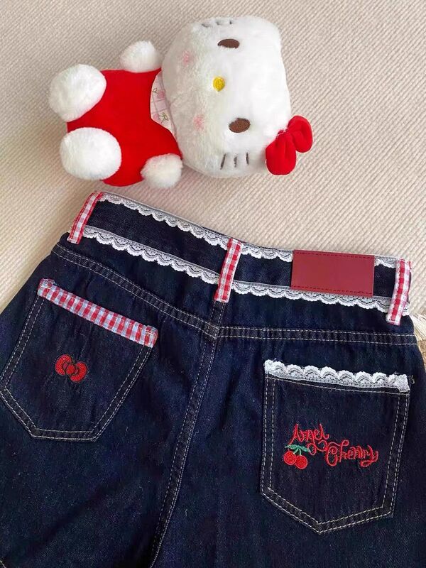 アメリカのホットガールデザイン猫刺繍デニムショートパンツ女性の夏のチェック柄レースステッチ弾性痩身パンツ|undefined