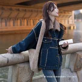 羊羔毛拼接牛仔棉服女冬季外套加绒加厚2025炸街韩系休闲棉袄