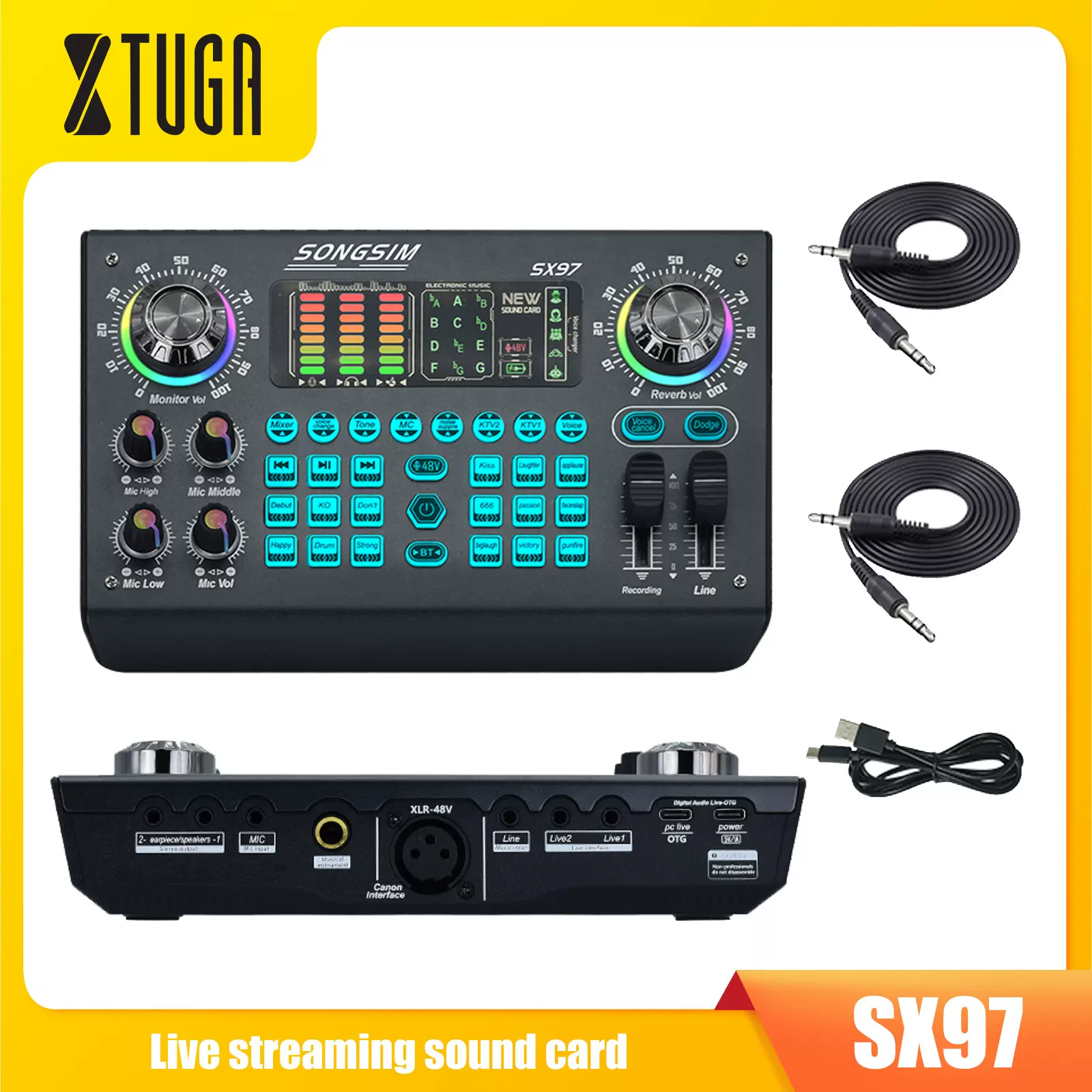跨境48VSX97XLR英文版电脑通用手机唱歌直播声卡有线电容麦设备