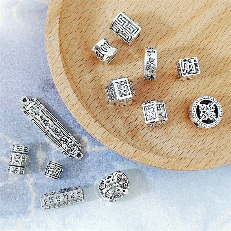Alloy Xizang Silver Six-character Proverbs Six-square Prism Barrel Bead Bead Ancient Silver Accessories Six-character Mantra DIY Bracelet Accessories Alloy Xizang Silver Six-character Proverbs Six-square Prism Barrel Bead Bead Ancient Silver Accessories Six-character Mantra DIY Bracelet Accessories