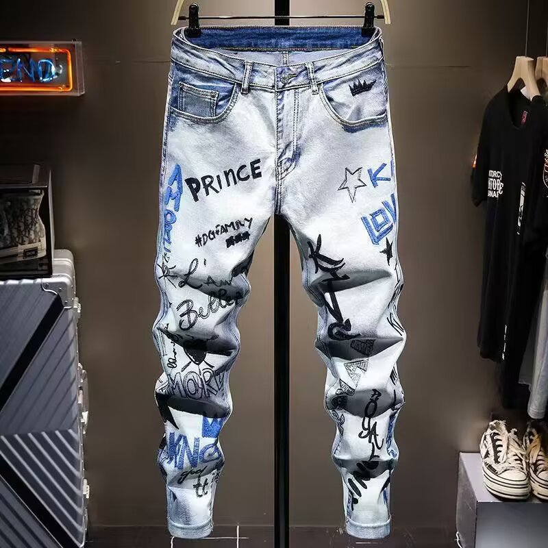 2025 Summer New Ripped Jeans for Men American Style Skinny Distressed Pants High-End Embroidered Slim Casual Long Pants