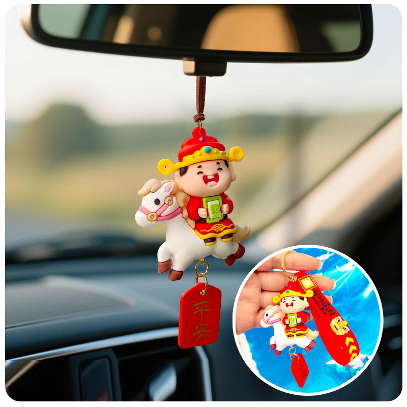 Año Nuevo del Caballo Mascota Colgante de automóvil Dios de la fortuna Muñeca Keychain Colgante de automóvil eléctrico Espejo retrovisor interior