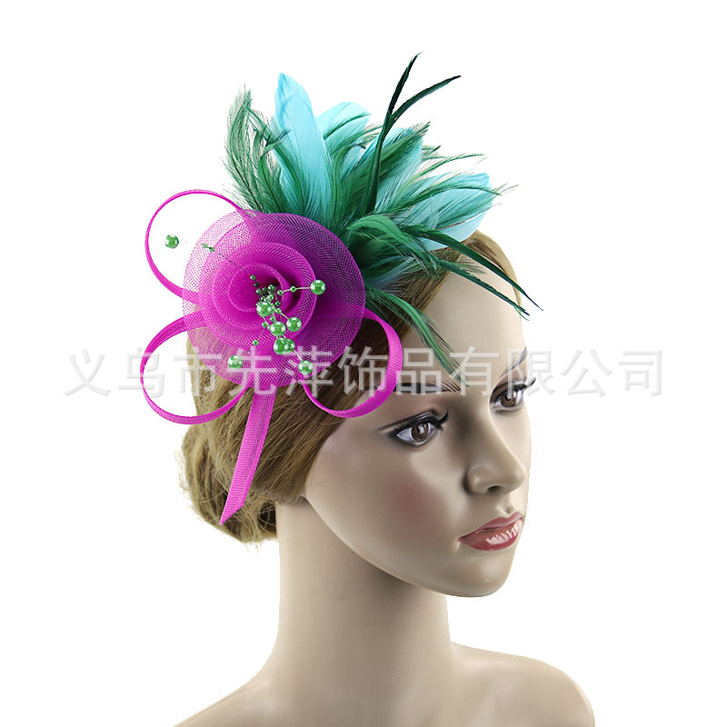 New Amazon Hair Accessories: Colorful Feather Headpieces with Mesh Fabric for Performances, Horse Racing Festivals, and Tea Parties