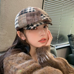 复古格纹前进帽子女秋冬百搭显脸小贝雷帽新款时尚反戴报童鸭舌帽