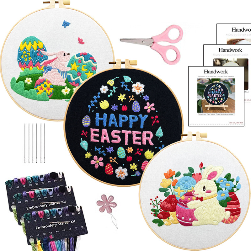 Conejo de Pascua cuelga pinturas bordadas lu decoraciones de salón dibujos animados huevos bordados a mano bolsas de material diy