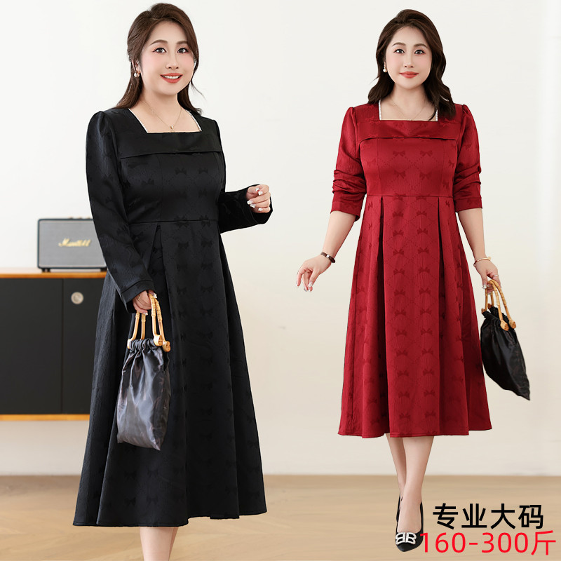 2024 Autumn New Plus Size Women's Pleated Dress, Jacquard Long-Sleeved Burgundy Dress with Lapel Collar, 8598