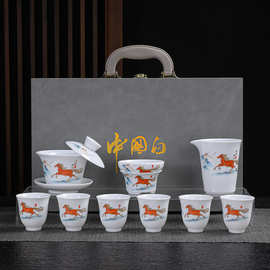 德化羊脂玉白瓷套组功夫茶具悬停盖碗公司开业礼品送客户可加logo