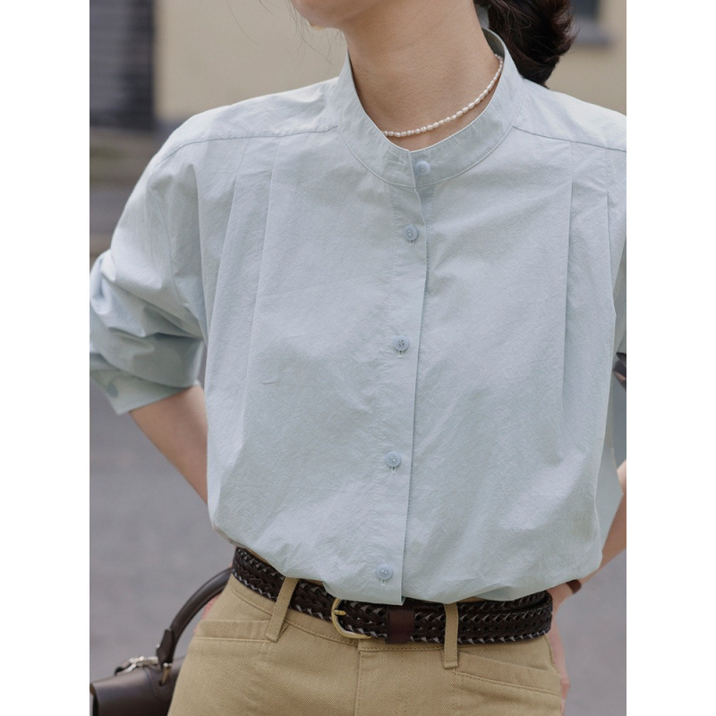 Spring and Autumn New Retro Pure Cotton Long-sleeved Shirt French Style Collar Design Niche Pleated Slim Shirt