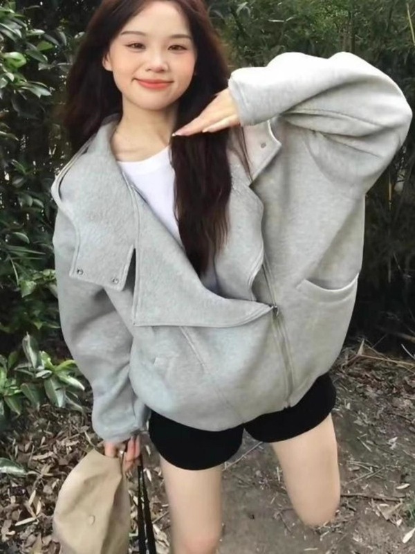 2025秋冬新款灰色连帽卫衣外套女韩系休闲棒球服加绒帽衫加厚上衣|undefined