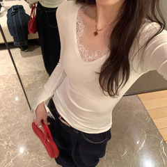纯欲风蕾丝花边v领显瘦打底衫2025早秋新款叠穿内搭修身长袖T恤女
