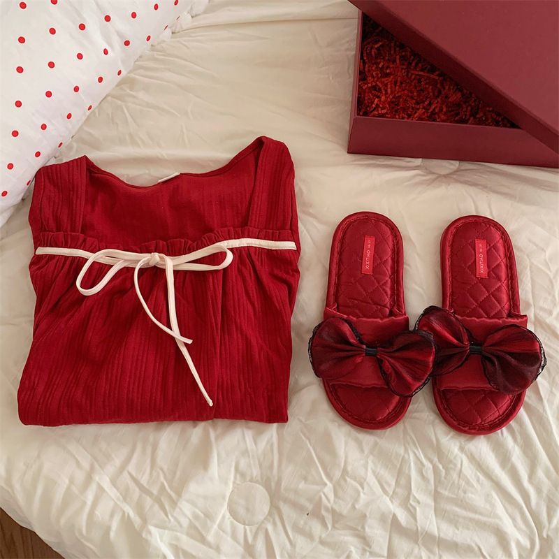 Red Slippers Men's and Women's Ins Trendy Lace Bow Four Seasons Universal Couple Cotton Wedding Dowry Slippers