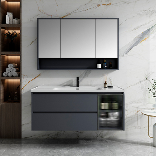 Gu Zhi Bathroom Cabinet Washbasin: Integrated Ceramic & Solid Wood Design, Smart Makeup Mirror Cabinet Combo for the Bathroom