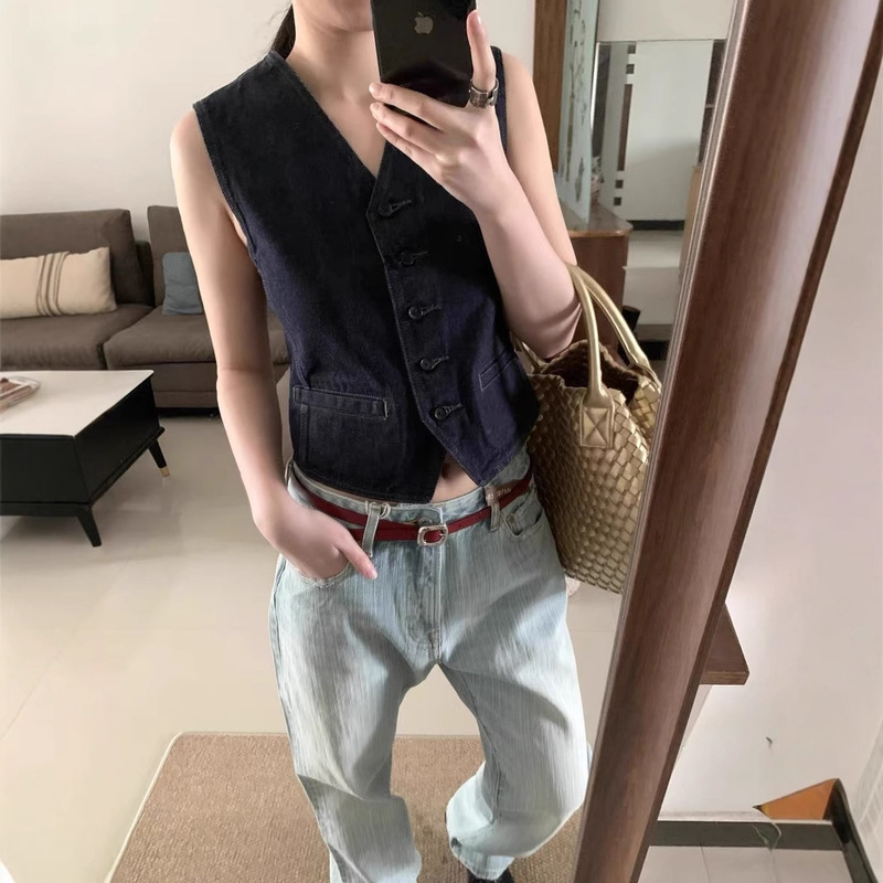 New Arrival All-Match Slim Look Classic Original Cow Retro V-Neck Tight Waist Denim Vest Women's 5006