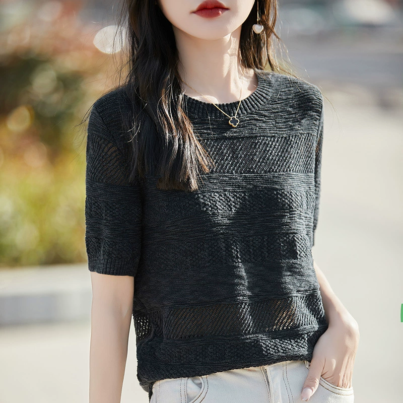 24-летние новые тяжелые изделия с рельефным жаккардовым хлопком с круглым вырезом свитер футболка с короткими рукавами женский полый темпераментный топ