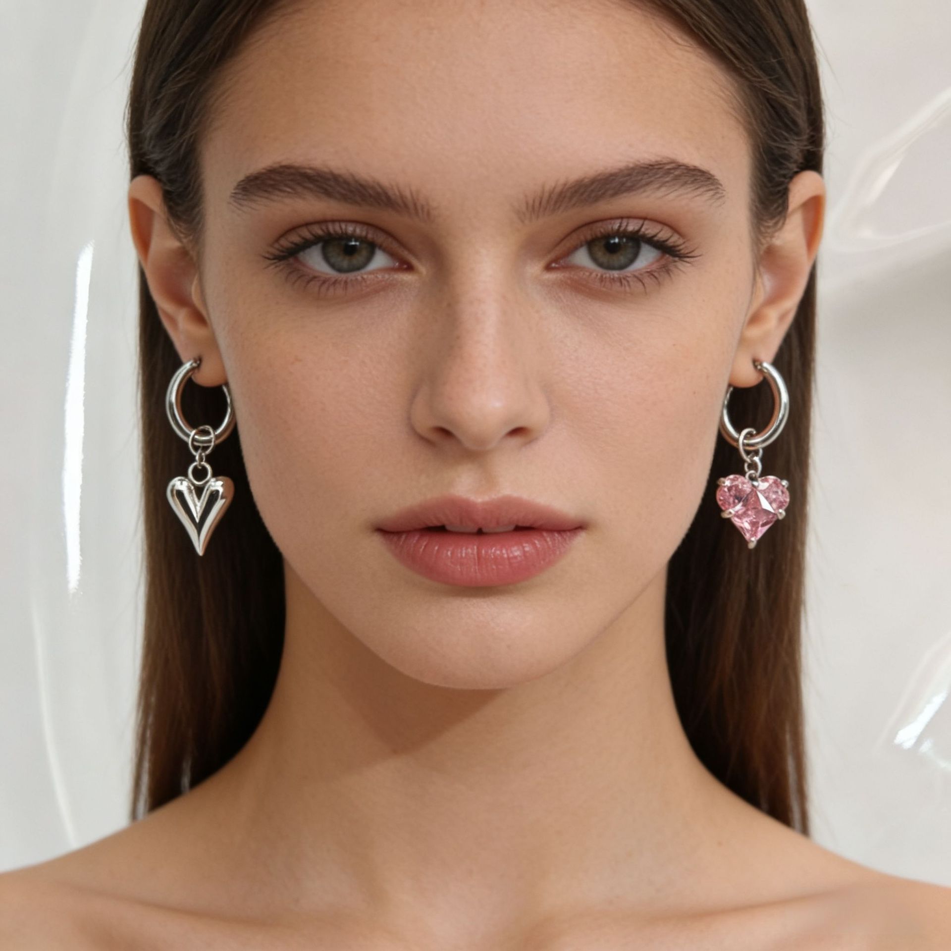 European and American Cross-Border Jewelry French Sweet Pink Zircon Heart Earrings Versatile Elegant Two-Wear Earrings for Women