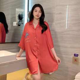 跨境外贸亚马逊独立站春夏冰雪丝开衫睡裙女红色高级感家居服睡衣