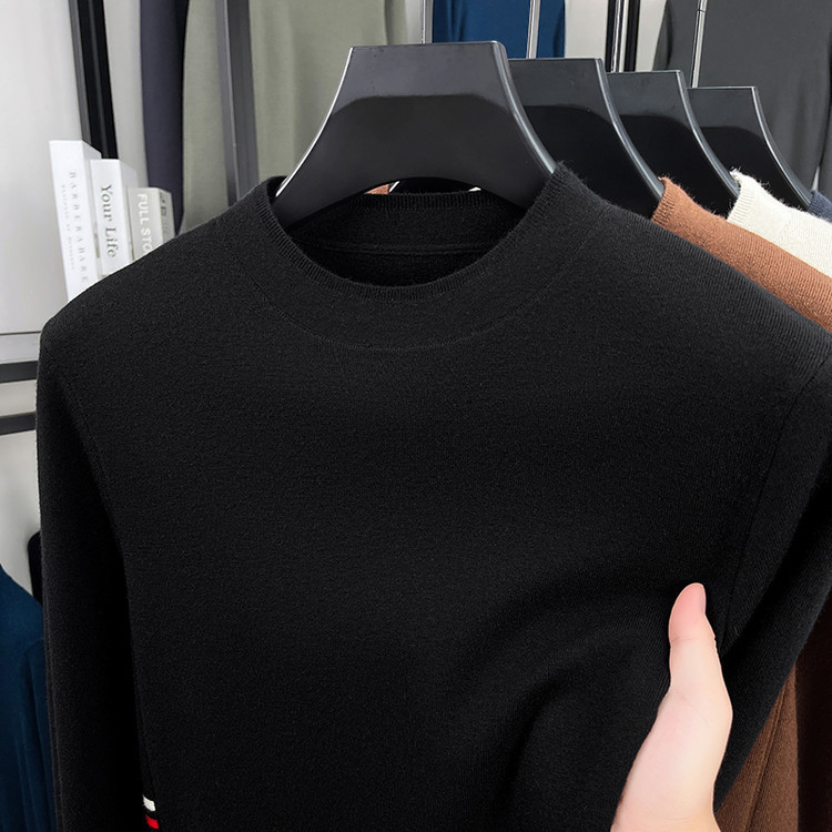 Otoño y invierno chaqueta de hombre de punto de color sólido de manga larga de cuello medio alto suéter casual camiseta base con suéter cálido