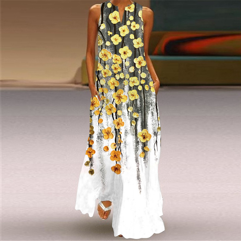 Robe longue sexy sans manches imprimée multicolore à col en V, style rétro européen et américain, collection été 2026_voghion.com