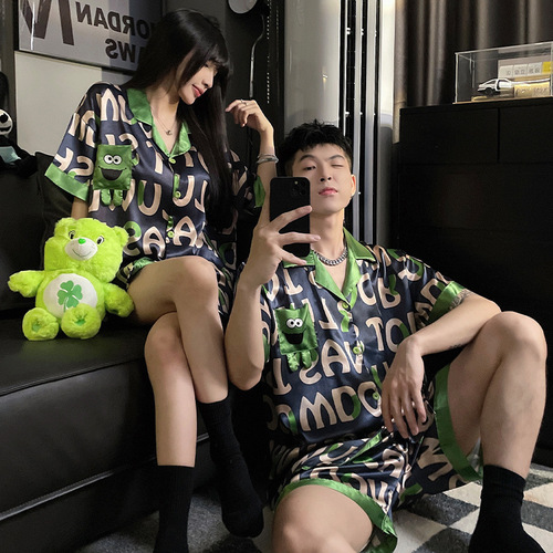 Factory Wholesale 2024 New Summer Couple Pajamas Women Summer Ice Silk Short Sleeve Shorts High-end Men's Foreign Trade