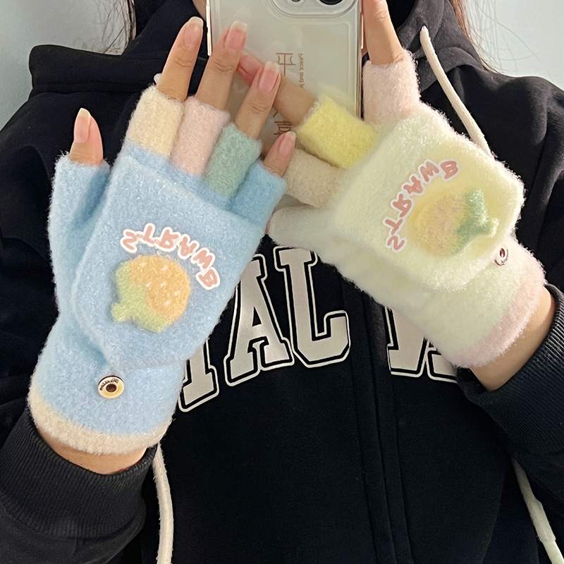 겨울 추위와 바람에 강한 다재다능한 학생 소녀 귀여운 터치 스크린 분리형 손가락 따뜻함 플러스 벨벳 플러스 코튼 도파민 컬러 장갑