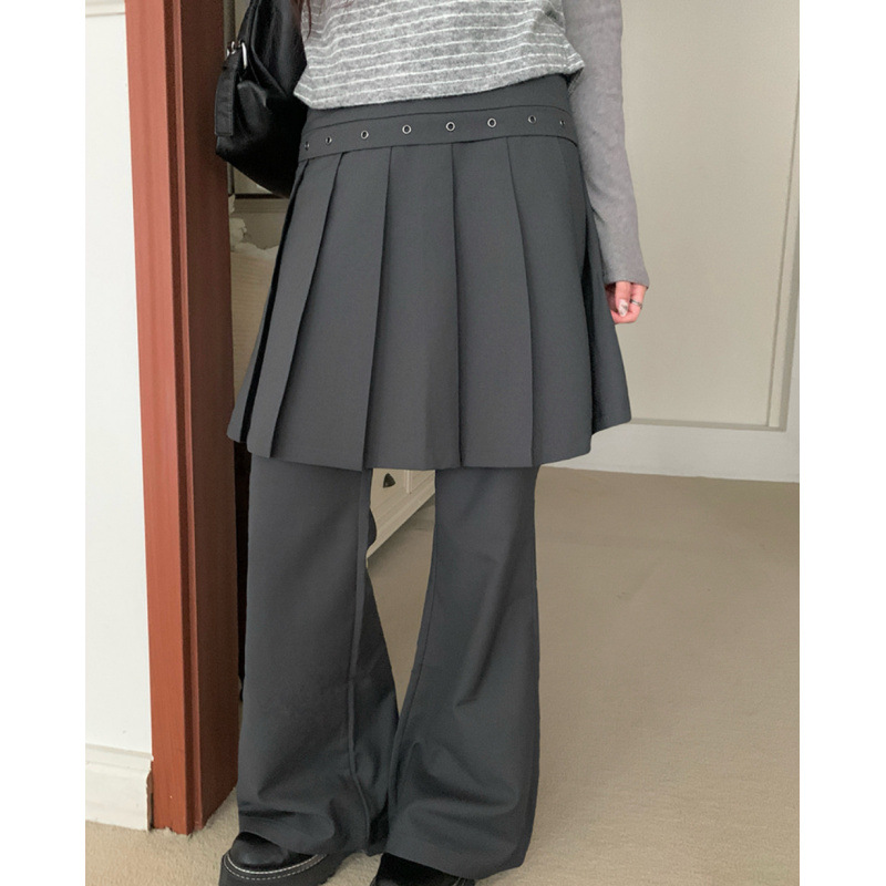 3-Color Spring New Korean Ins Sweet Cool Style Fake Two-Piece Metal Buckle Pleated Skirt Micro-Flared Pants