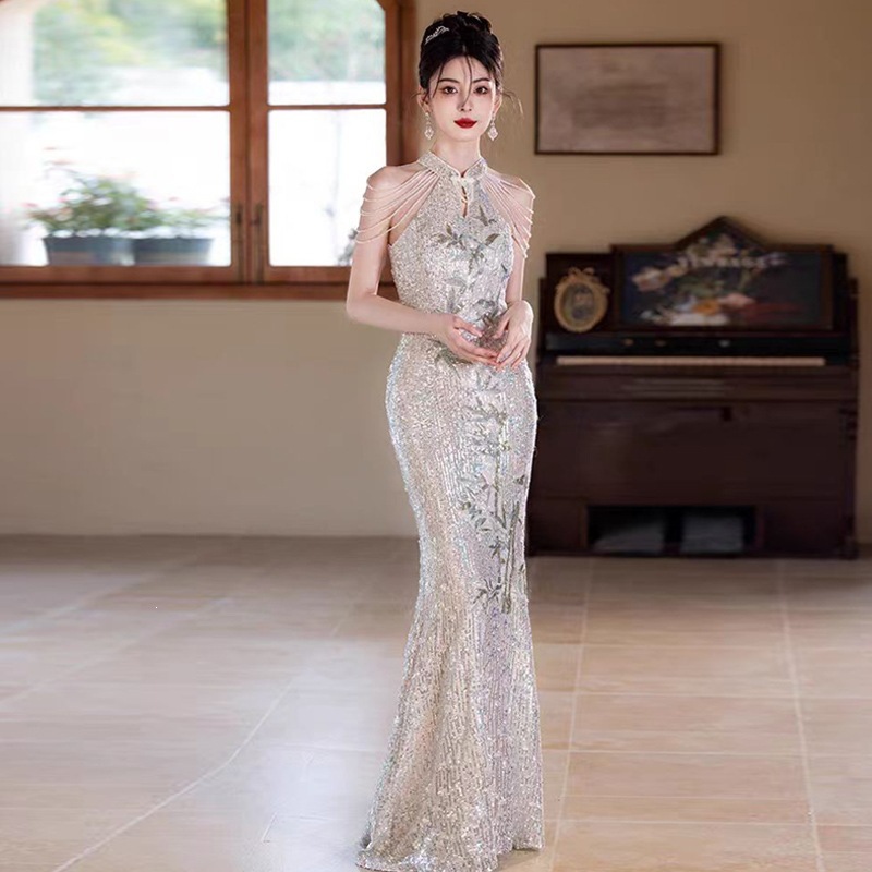 Sequined Evening Gown Women's Light Luxury Mermaid Dress Waist Cinching New Style Host Performance Costume_ecoleips.com