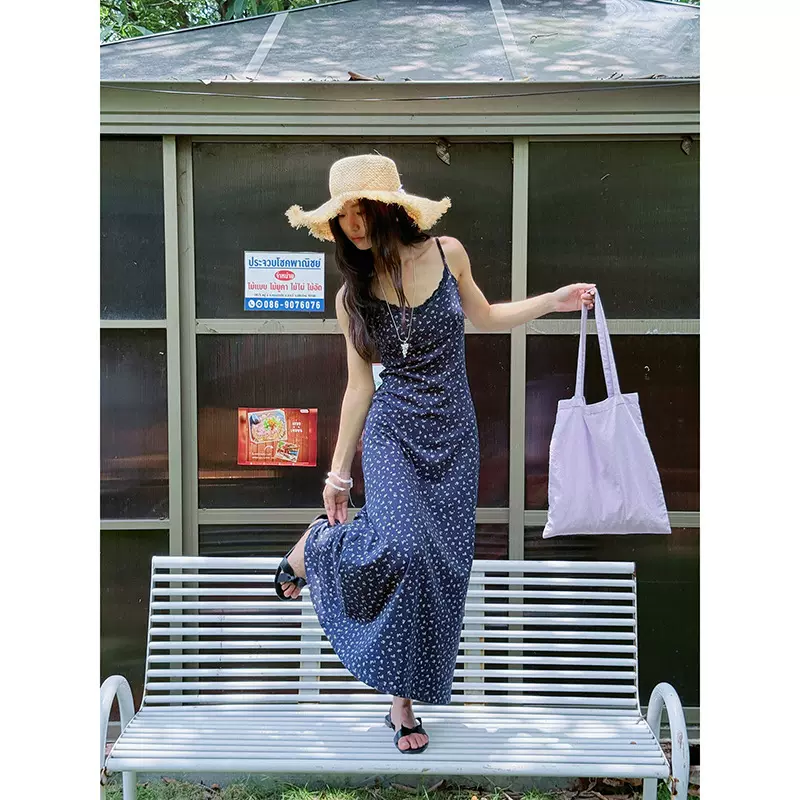 【韩系小闺房】歌铭复古碎花吊带连衣裙夏季蕾丝花边中长裙Y4884F
