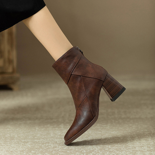 Rough short boots for women, high-heeled winter brown slim boots, British style retro Martin boots