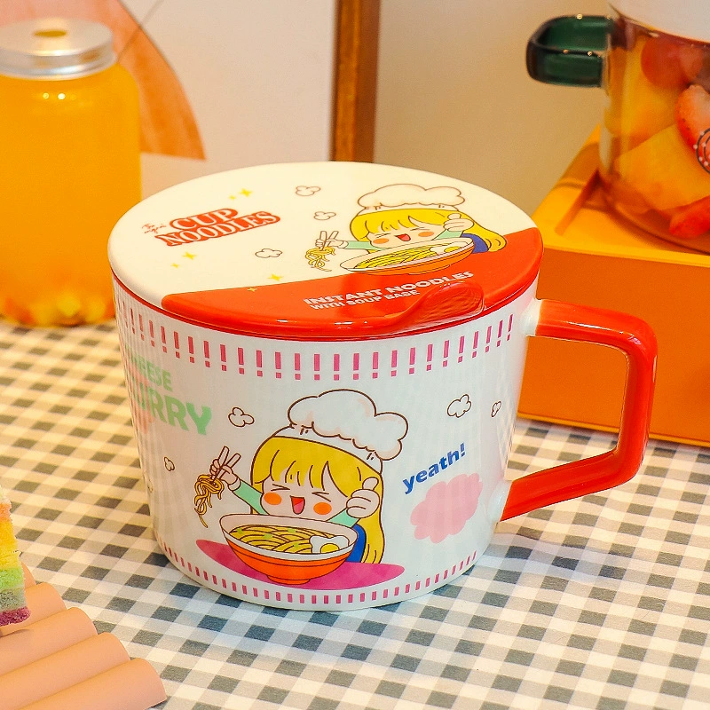 【По той же низкой цене】Миска для быстрого приготовления лапши в микроволновке для студента общежития с крышкой, керамическая милая посуда, ручка, смешивание лапши, офисная девушка, сердце