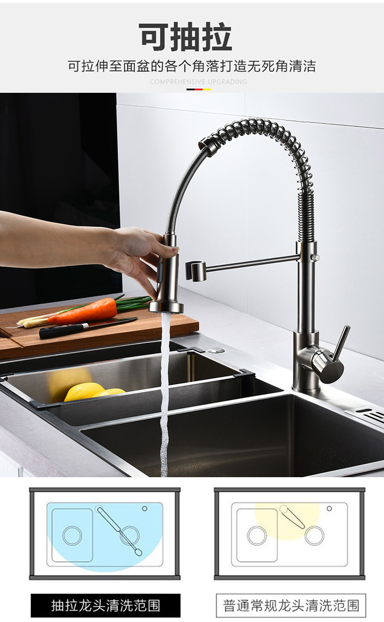 Cross-border stainless steel spring kitchen faucet pull-out telescopic cold and hot kitchen sink faucet export project undefined