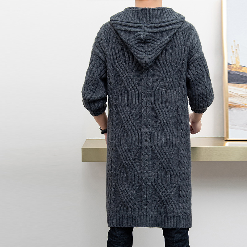 Suéter con capucha cardigan hombres de longitud media trenzado grueso suéter abrigo Primavera, Otoño e Invierno moda abrigo de los hombres de moda