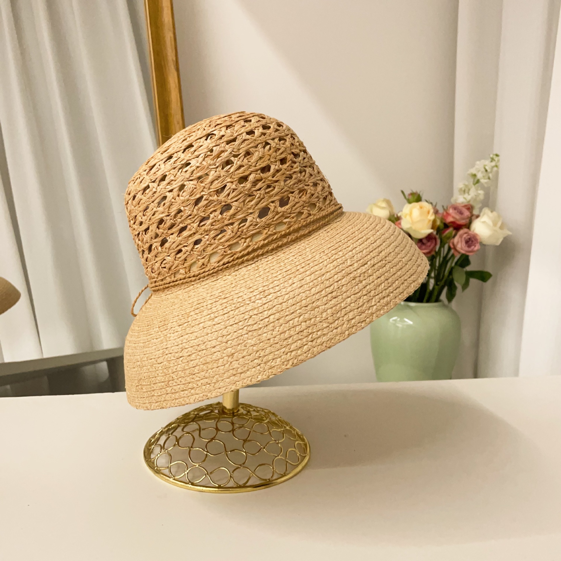 Cappello da sole in paglia stile hepburn per donna_voghion.com