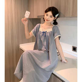 实拍2025韩版棉提花甜美花边圆领雾霾蓝夏季短袖长裙睡衣家居服