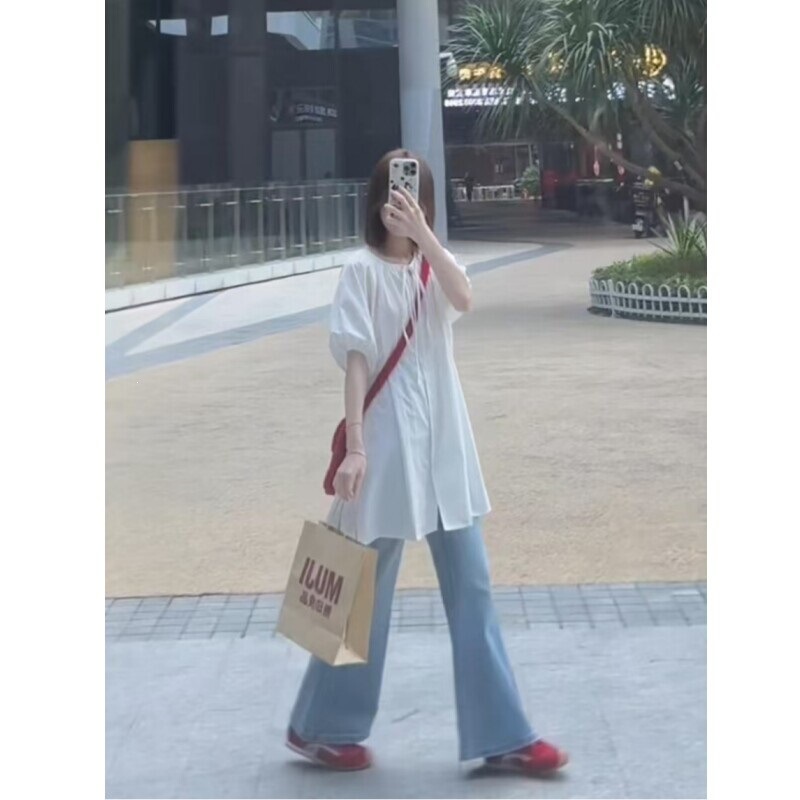 Fresh and Simple White Puff Sleeve Shirt for Women, Summer Mid-Length Babydoll Blouse with a Unique Design and Tie-Up Style