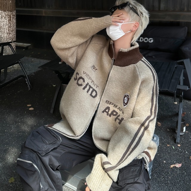 浅耀男装 | アメリカのレトロな立襟ニットの秋の高級感コート男性のゆるいカーディガンの怠惰なセーター