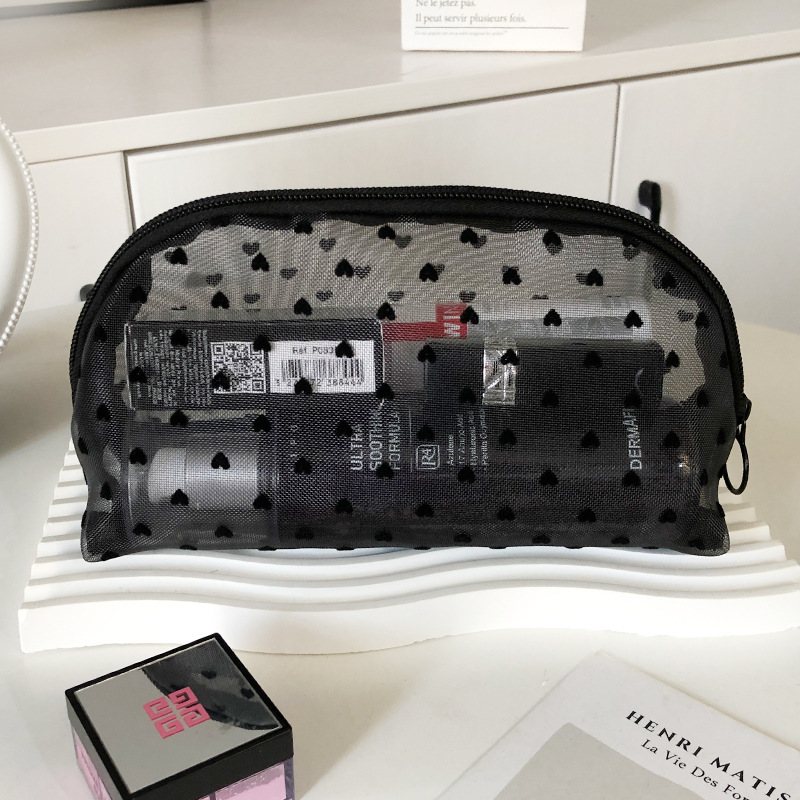 新しい ins 愛植毛パウダーメッシュ化粧品バッグガールハートポータブル洗濯大容量通気性口紅貿易
