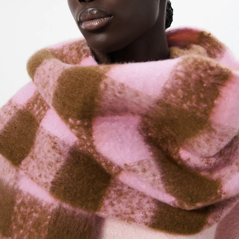 Moda europea y americana larga transfronteriza Comercio exterior otoño e invierno rosa Plaid borla bufanda Cachemira color a juego bufanda Plaid para mujeres