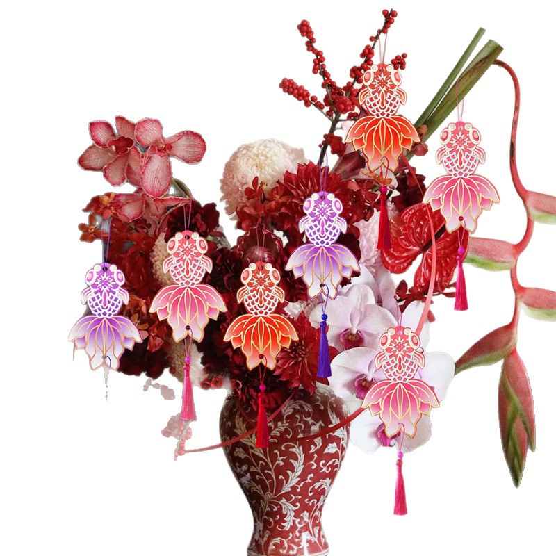 Año del Caballo tarjeta de bendición estampada de oro chino Feng Fu Koi Lisu Tarjeta colgante de Año Nuevo Boat Bonsai decoración tarjeta colgante