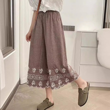 韩版女装刺绣棉麻七分裤松紧腰休闲裤复古阔腿裤显瘦8344