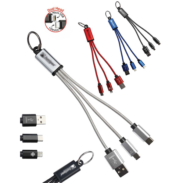 厂家直供尼龙编织三合一数据线礼品手机充电线钥匙扣一拖三数据线