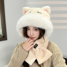 可爱慵懒猫帽子围巾一体二合一两件套秋冬季防风保暖护耳围脖帽女