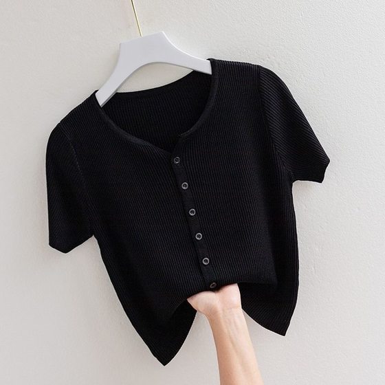High-end Elegant Ice Silk Short-sleeved T-shirt Women's Summer Thin Small Cardigan Slim-fit Slimming All-match Knitted V-neck Top