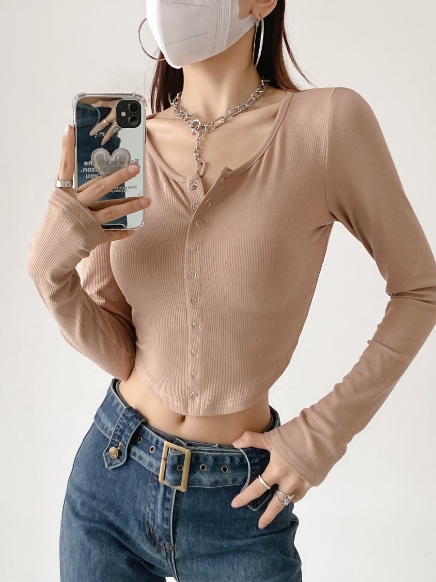 Single Row Snap Button solid color Long Sleeve Round Neck Slim Short top NSXDX137509