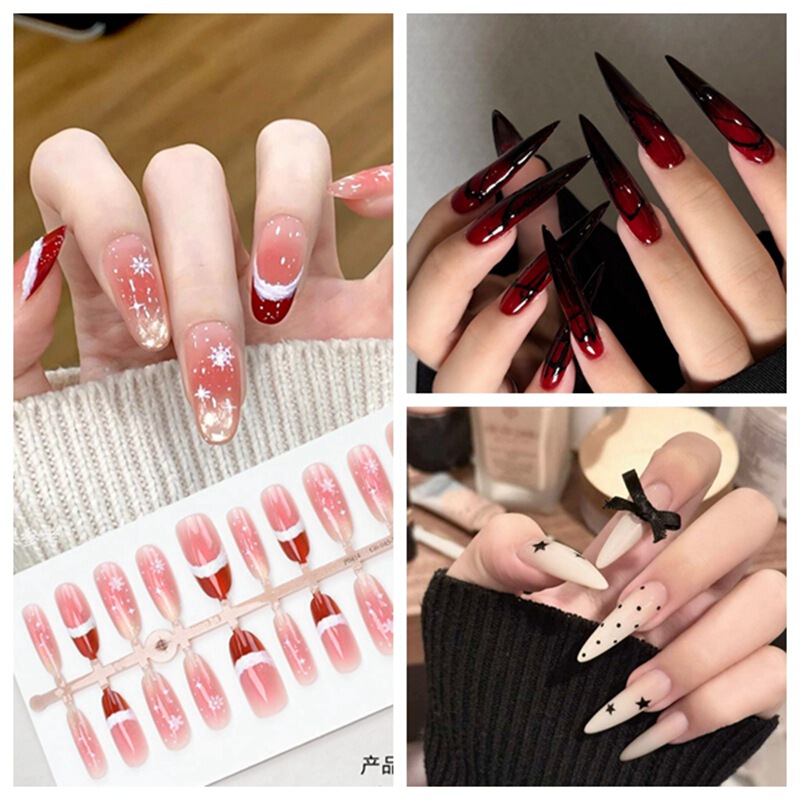 Christmas Snowflake Wearable Nails, Ice Translucent Blush, Cat-Eye Fake Nails, Gothic Aesthetic Red and Black Long Milky White Bow