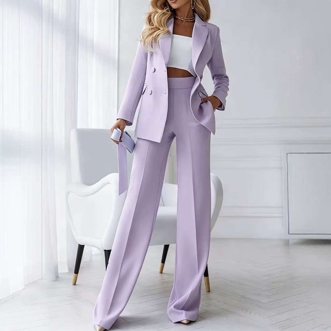 Women's Clothing Professional Elegant Two Piece Set Style High End Women's Suit Set Double Breasted Lapel High Waisted Wide Leg Trousers_ecoleips.com