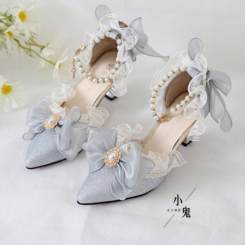 Original French Girl Lolita High Heels Elegant Embroidered Lolita Palace Style Pointed Toe Wedding Shoes Sandals