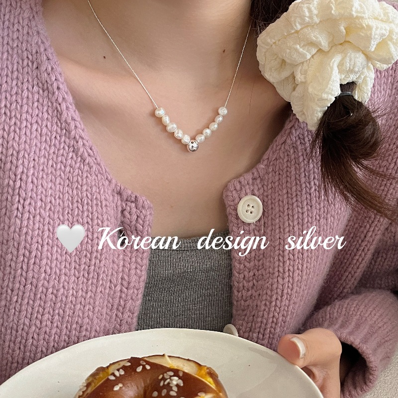 韓國ins風銀飾品 S925純銀圓餅天然淡水珍珠項鍊 疊戴蛇骨鏈小眾