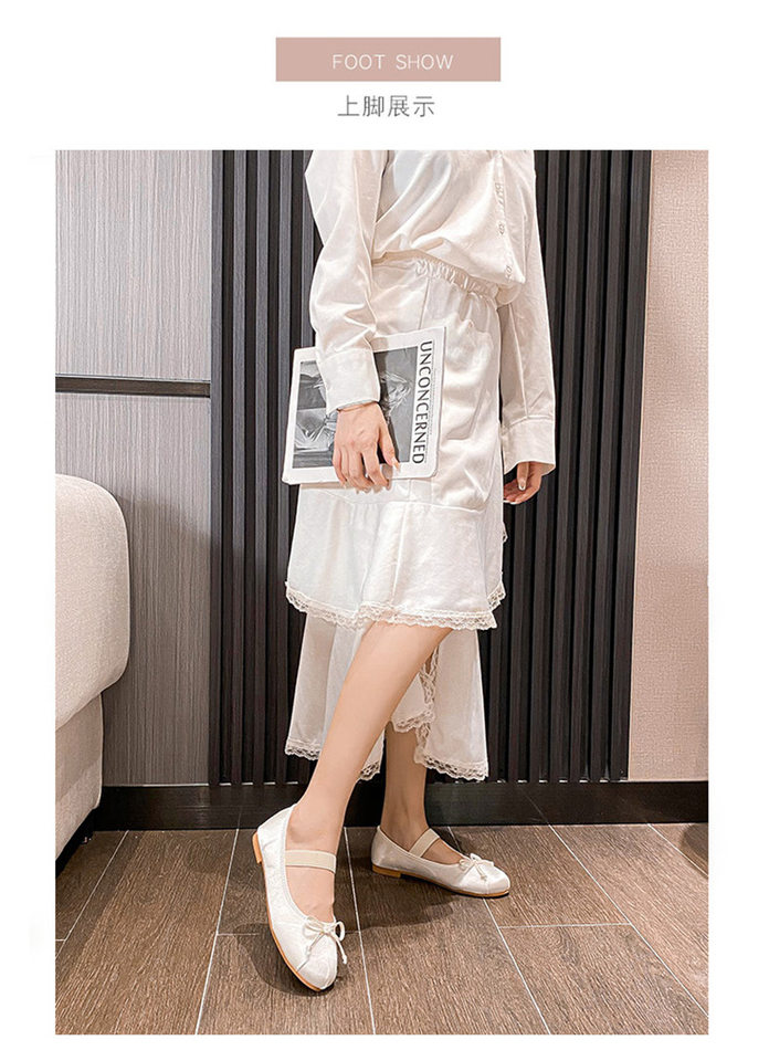 Giày búp bê nữ mũi tròn phối nơ, quai ngang, đế bằng, gót thấp dưới 3 cm — Lụa thật màu hồng, Lụa thật màu trắng, Lụa thật màu đen, Màu xanh lam lụa thật chi tiết 13