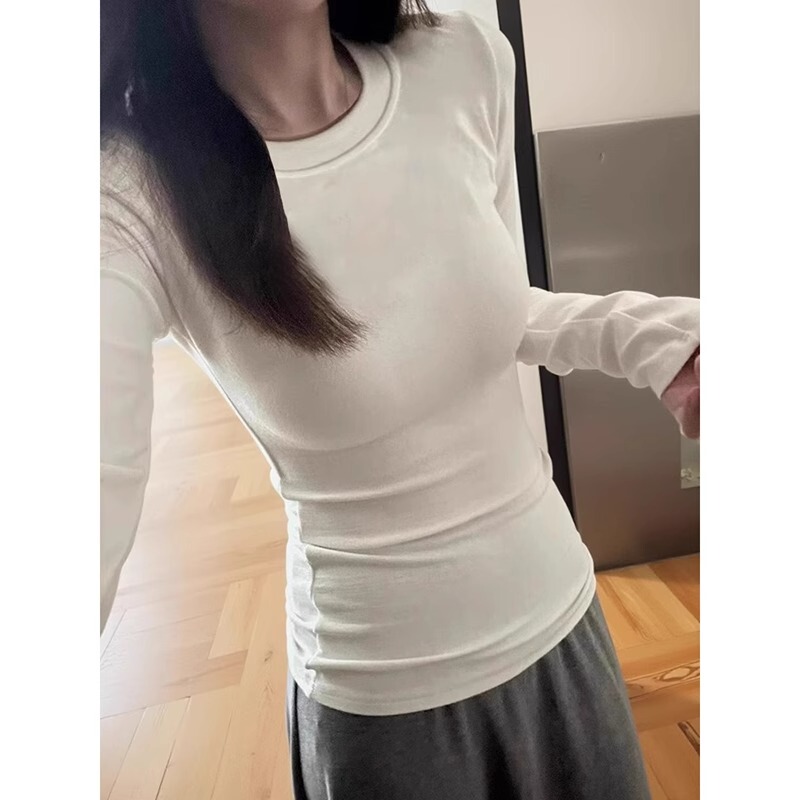 韩系圆领正肩长袖t恤女秋冬德绒磨毛加厚内搭打底衫修身收腰上衣1|undefined