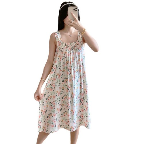 Cotton silk nightgown for women in summer new suspender small floral pajamas summer artificial cotton girl cute silk home clothes